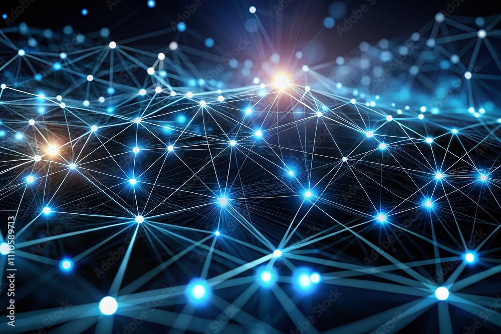 Abstract Double Exposure of Glowing Nodes Connected by Light Blue Lines on a Dark Background, Representing Technology Connectivity and Data Visualization Abstract Double Exposure of Glowing Nodes Connected by Light Blue Lines on a Dark Background, Representing Technology Connectivity and Data Visualization