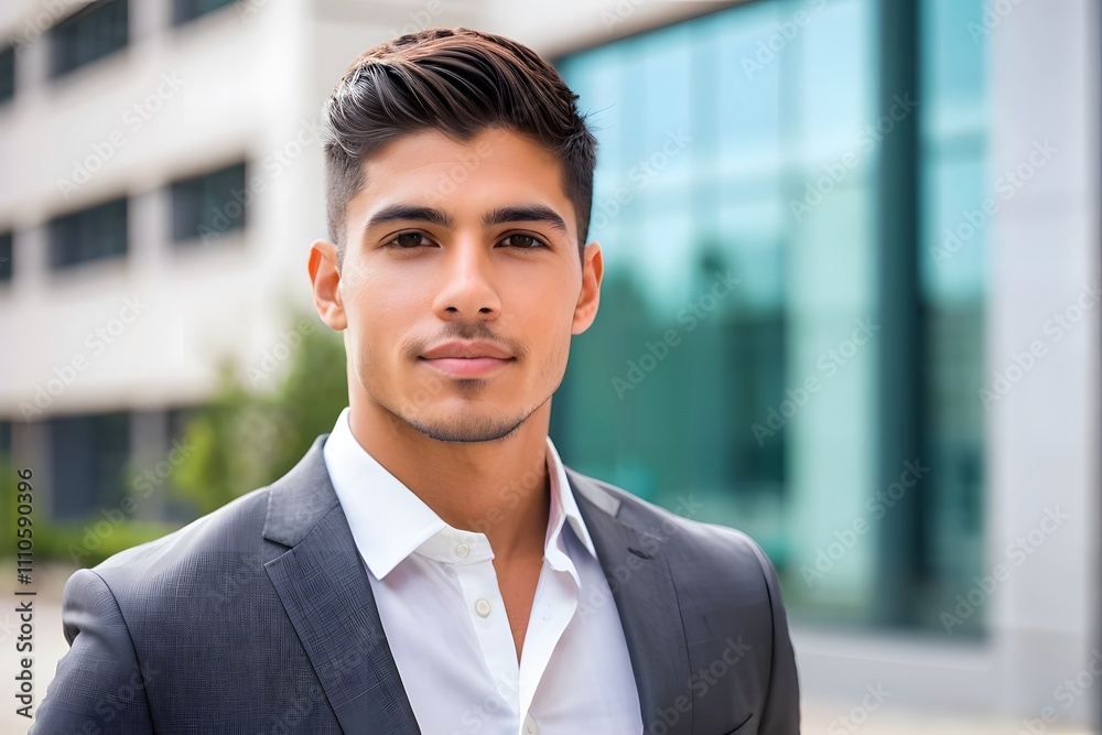 Successful young Hispanic CEO looking at the camera against an office building background with copy space. Successful young Hispanic CEO looking at the camera against an office building background with copy space.