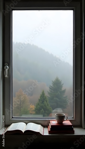 Cozy Morning Window View with Tea, Books, and a Misty Forest Backdrop