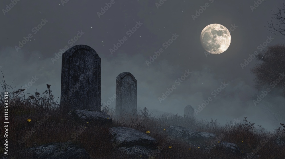 Weathered tombstones under a full moon with fog creeping along the ground. Weathered tombstones under a full moon with fog creeping along the ground.