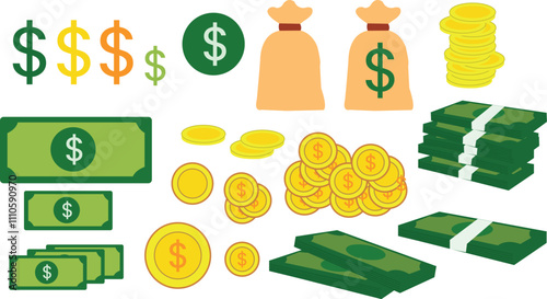 Money vector Green dollar banknotes pile, golden coin and rich