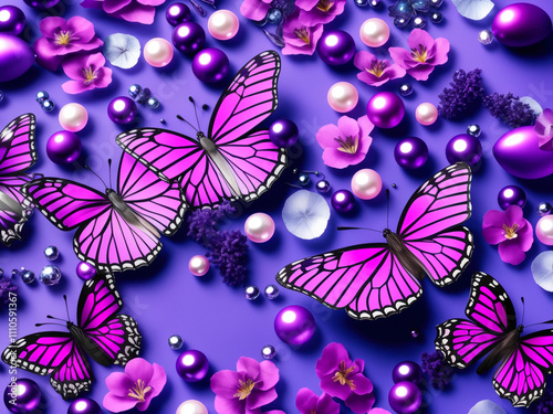 Bright composition with pink butterflies and purple flowers on a dark purple background. Various decorative elements, pearls and beads create a festive picture.