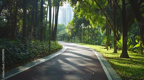 A well-maintained bike path running along the edge of a dense urban forest