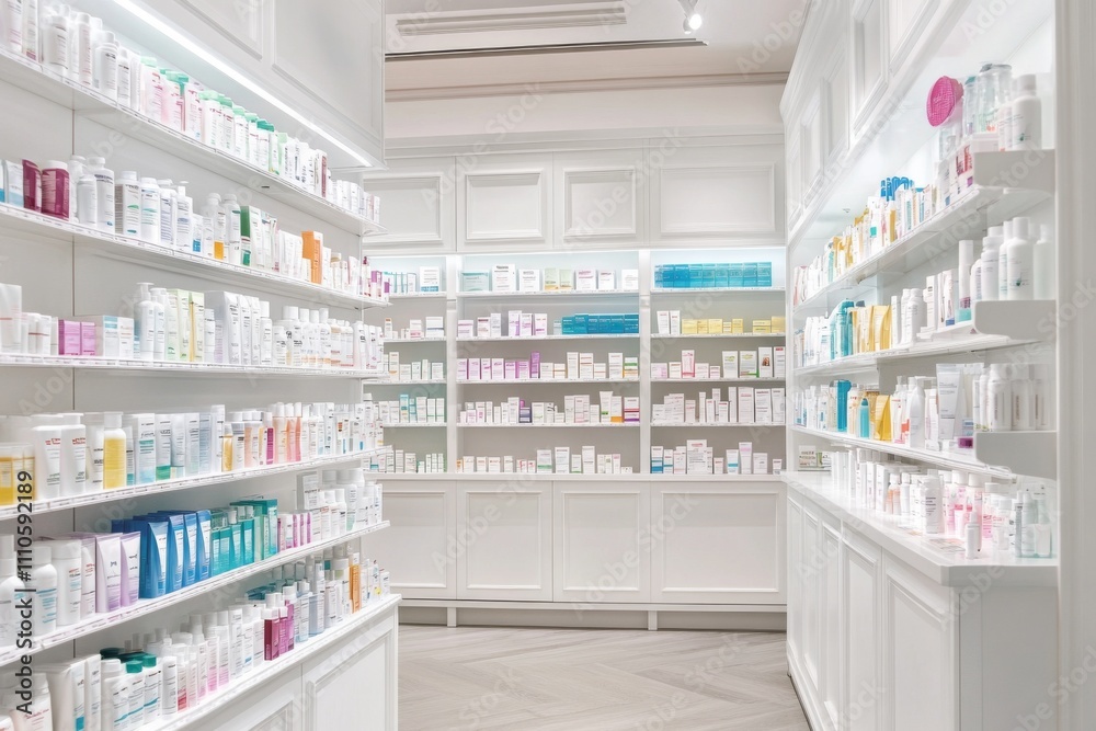 White pharmacy interior with shelves of medical products and colorful packaging, professional and inviting atmosphere. White pharmacy interior with shelves of medical products and colorful packaging, professional and inviting atmosphere.