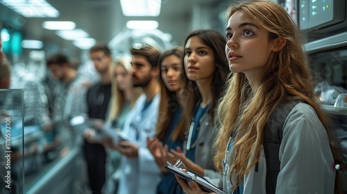 Group of Medical Students Observing a Hospital Environment, Engaged in Learning with Expressions of Curiosity and Interest in a Clinical Setting