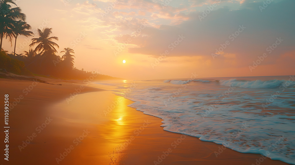 Fototapeta premium Serene Tropical Sunrise Over a Calm Beach with Palm Trees and Gentle Waves Reflecting Warm Sunlight