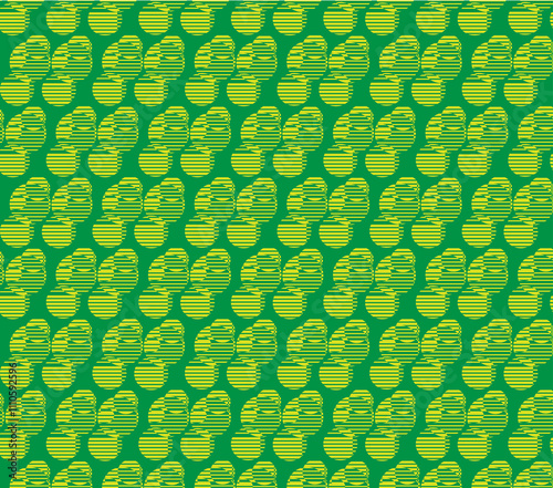 graphic design with a repeating oval motif featuring contrasting striped elements