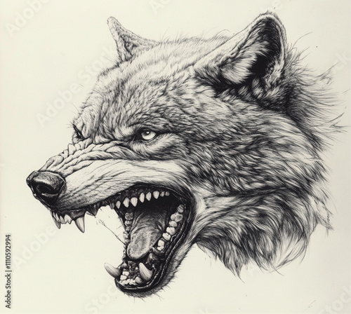 Drawing of a Wolfs Head with its teeth Bared and Angry isolated on white background
