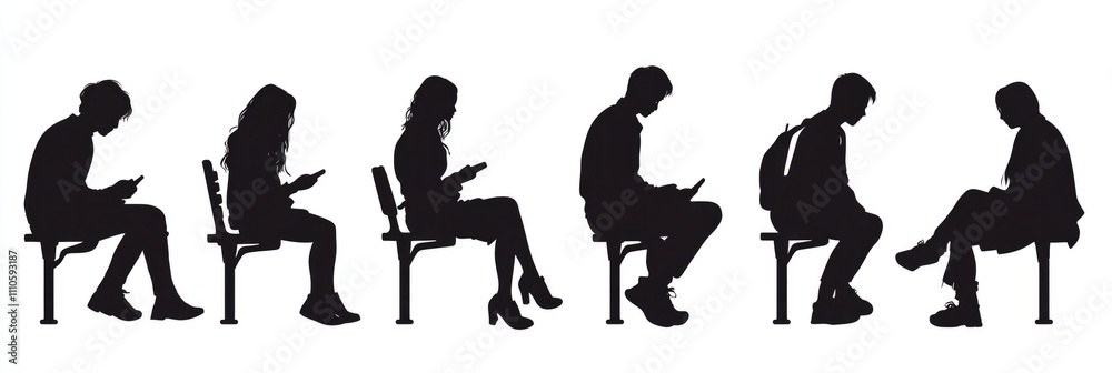 Urban Outdoor Silhouettes of Seated People in Black – Diverse Set of 6 Figures Capturing Modern Life Urban Outdoor Silhouettes of Seated People in Black – Diverse Set of 6 Figures Capturing Modern Life