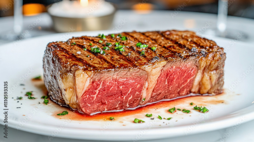 Grilled medium rare steak resting on white plate with herbs and salt Grilled medium rare steak resting on white plate with herbs and salt