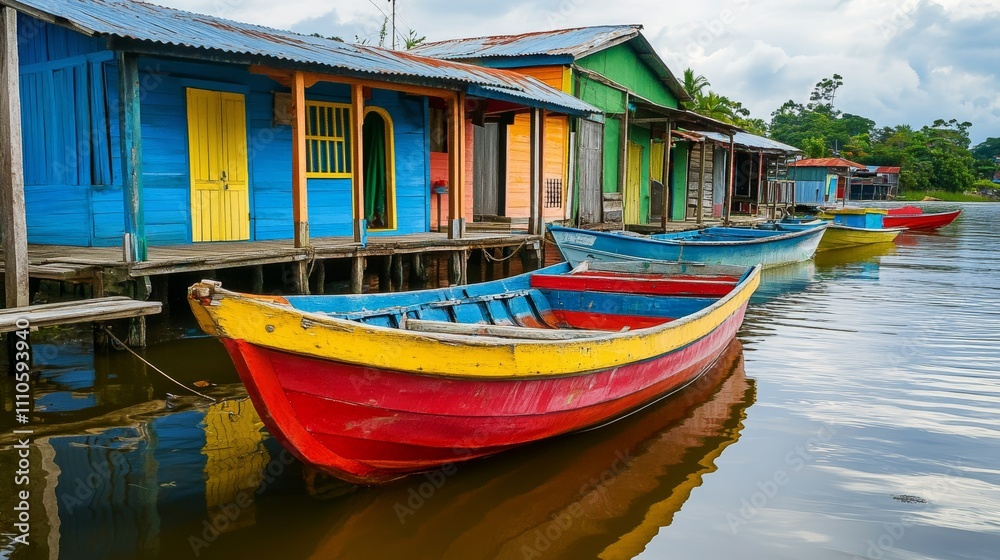 Obraz premium Wooden boats docked near small, colorful houses by the water.
