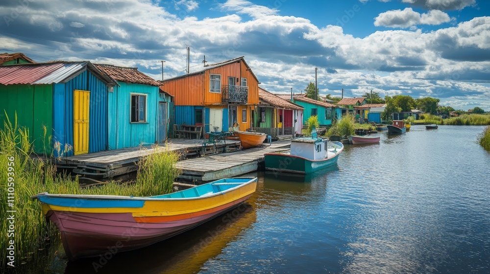 Wooden boats docked near small, colorful houses by the water. Wooden boats docked near small, colorful houses by the water.