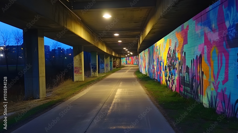 A well-lit bike path running under an urban overpass decorated with vibrant graffiti A well-lit bike path running under an urban overpass decorated with vibrant graffiti
