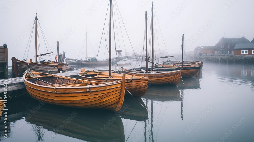 Wooden boats moored at a pier, with soft fog covering the horizon. Wooden boats moored at a pier, with soft fog covering the horizon.