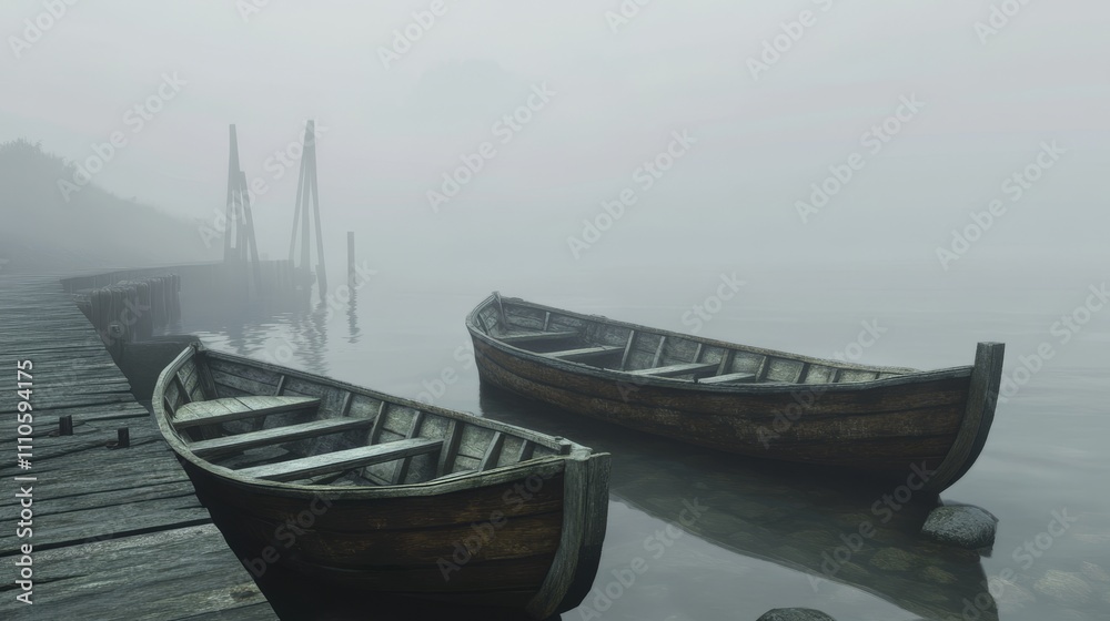 Wooden boats moored at a pier, with soft fog covering the horizon. Wooden boats moored at a pier, with soft fog covering the horizon.