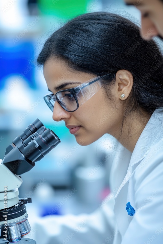 Female Indian scientist using a microscope in a lab with a male student on blur background
