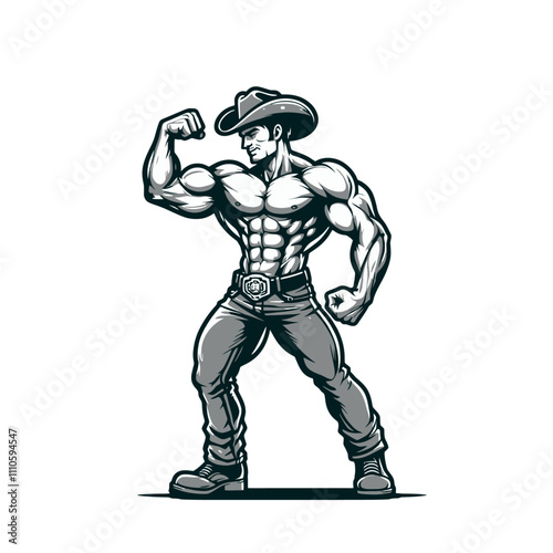 Muscular cowboy flexing arms isolated vector illustration