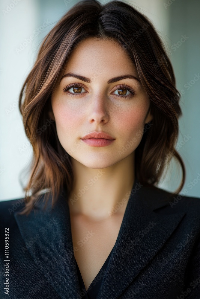 Portrait of an attractive businesswoman with brown hair wearing a dark suit, looking straight into the camera. Portrait of an attractive businesswoman with brown hair wearing a dark suit, looking straight into the camera.