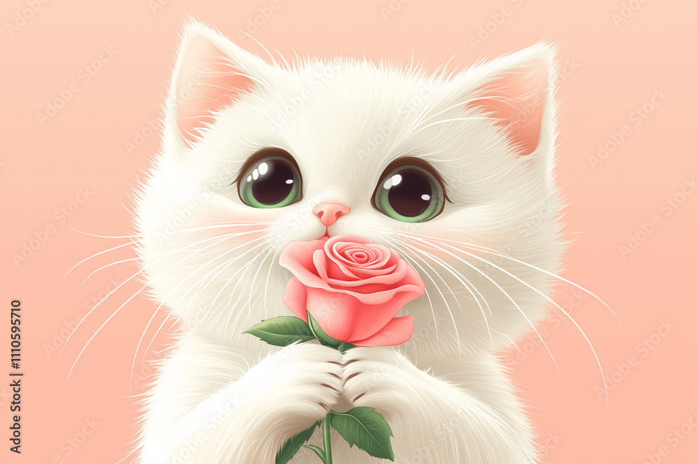 white cat with pink rose white cat with pink rose