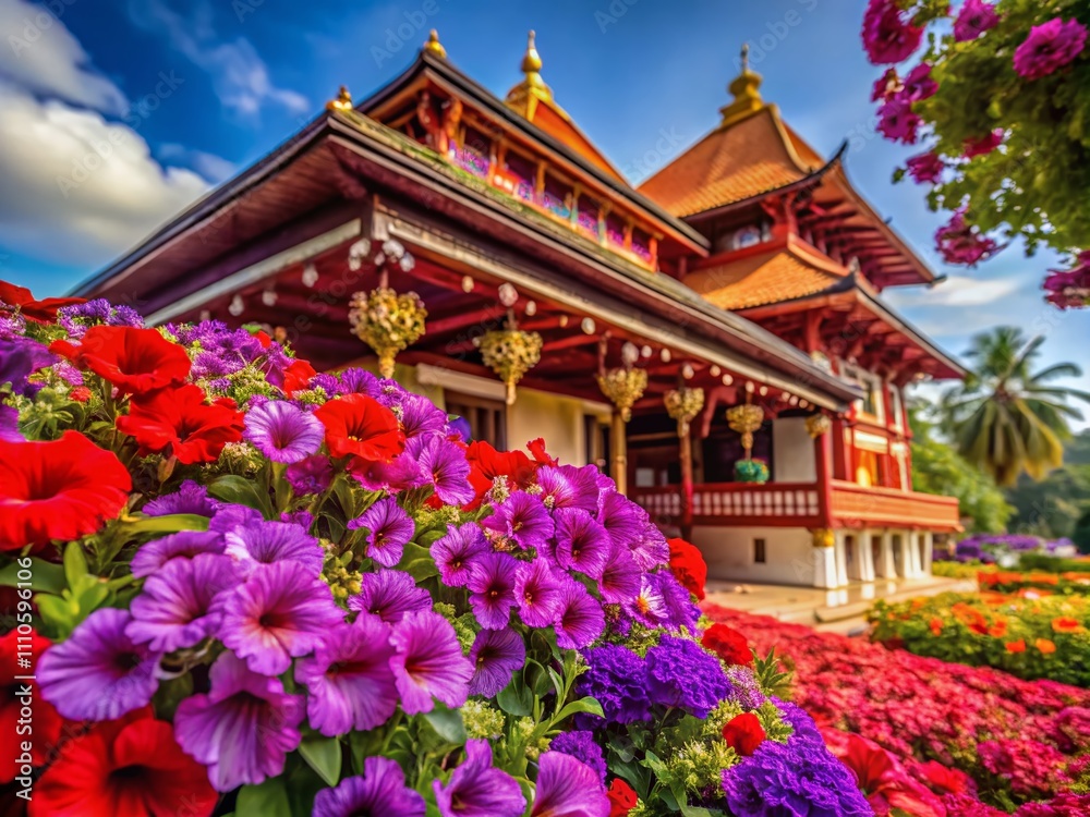 Abstract Red and Purple Flower Composition for Happy Onam Celebration, Showcasing Vibrant Colors and Artistic Arrangement in an Architectural Setting