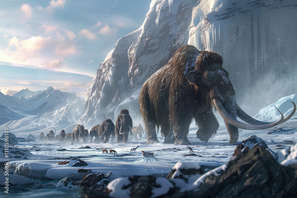 Fototapeta premium Fantastically majestic mammoth in its natural habitat with large tusks