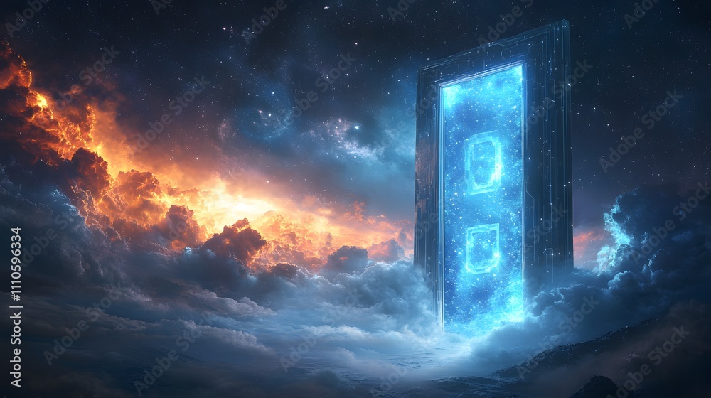Fototapeta premium Mysterious glowing portal above the clouds in a fantasy world.
