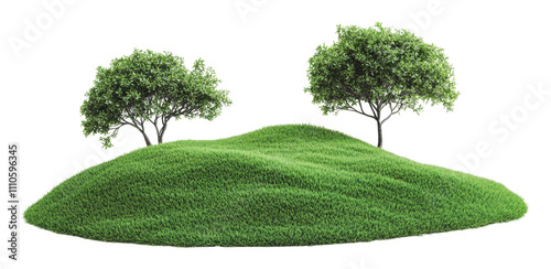 Lush green hillside with trees on sunny day, cut out - stock png.
