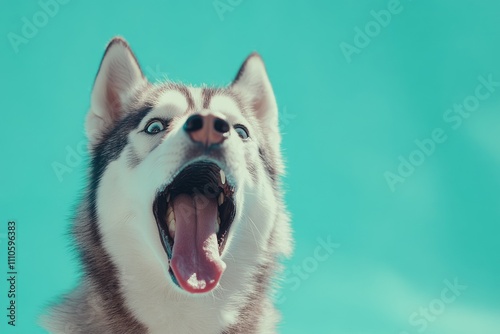 Captivating Husky Canine Portrait with Open Mouth Against a Turquoise Backdrop