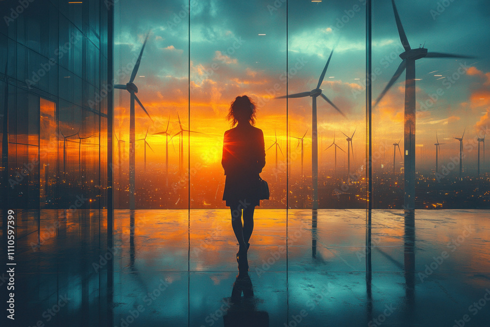 Silhouette of woman viewing wind turbines at sunset through glass Silhouette of woman viewing wind turbines at sunset through glass