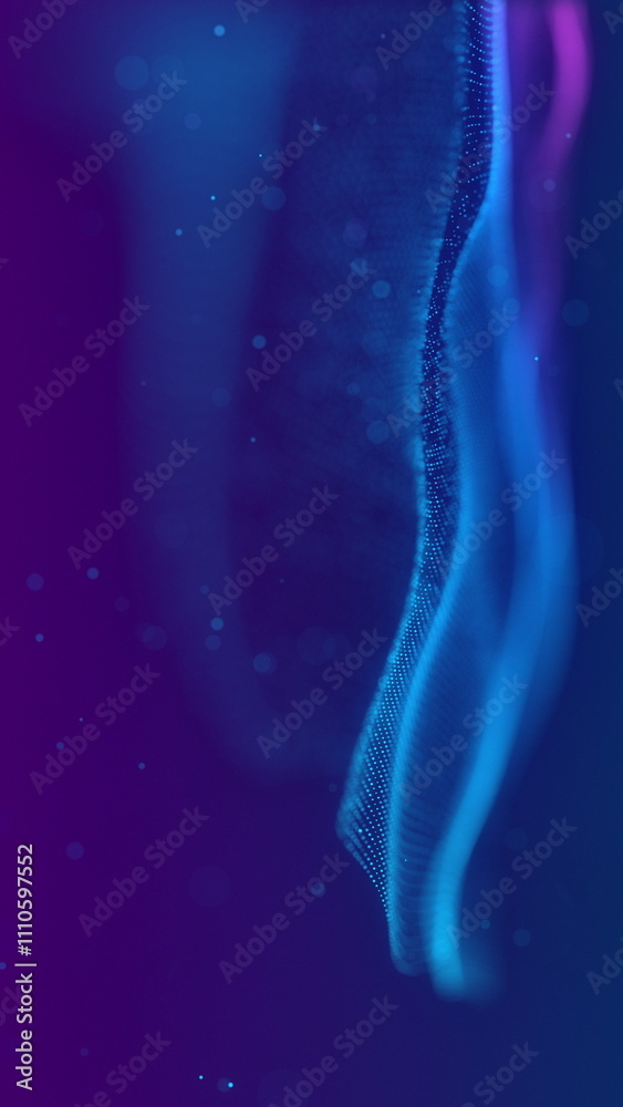 Elegant blue and purple wave made of particles slightly moving levitating like a silk on a background with small beautiful particles slowly flying. Perfect loop. Elegant blue and purple wave made of particles slightly moving levitating like a silk on a background with small beautiful particles slowly flying. Perfect loop.