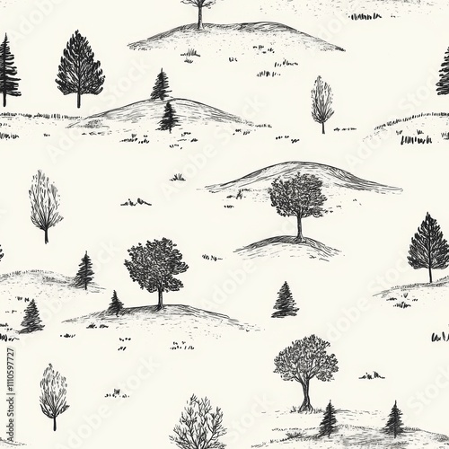 Black and White Forest Landscape Pattern seamless, pattern, background, texture