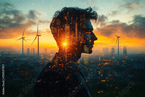 Silhouette of man with cityscape and wind turbines at sunset