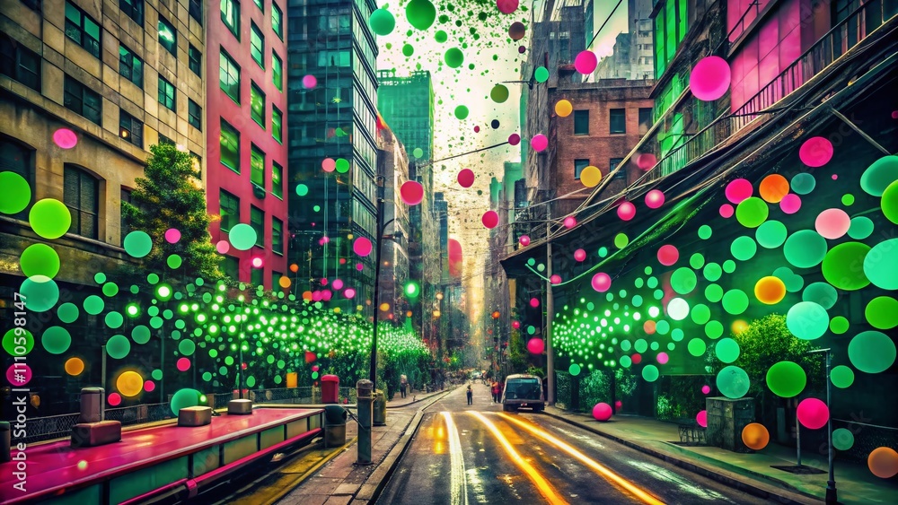 Abstract Urban Exploration: A Vibrant Composition of Green and Pink Dots Capturing the Essence of Modern Art in an Urban Setting Abstract Urban Exploration: A Vibrant Composition of Green and Pink Dots Capturing the Essence of Modern Art in an Urban Setting