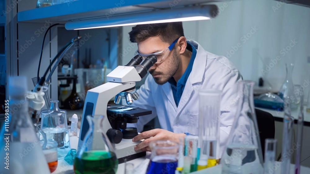 A focused scientist peers through a microscope in a laboratory, surrounded by glassware, representing discovery and scientific research A focused scientist peers through a microscope in a laboratory, surrounded by glassware, representing discovery and scientific research