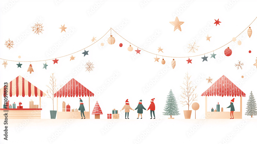 A cozy Christmas market illustration with rows of simple booths adorned with minimalist star-shaped ornaments and garlands. Bundled-up figures interact joyfully as snowflakes fall gently around them. A cozy Christmas market illustration with rows of simple booths adorned with minimalist star-shaped ornaments and garlands. Bundled-up figures interact joyfully as snowflakes fall gently around them.