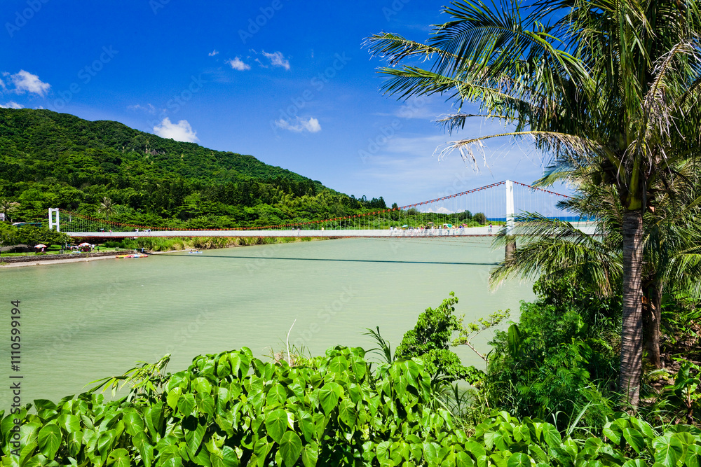 View of the Gangkou Suspension Bridge in Manzhou, Pingtung, Taiwan. It is a scenic spot in Kenting National Park.