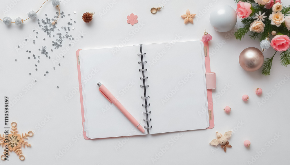 A flat lay of an open notebook surrounded by pink flowers and silver glitter on a bright, cheerful table. A flat lay of an open notebook surrounded by pink flowers and silver glitter on a bright, cheerful table.