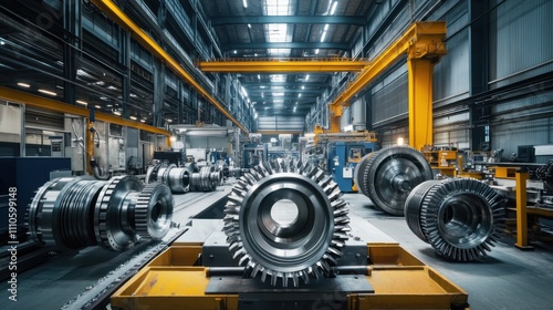 Industrial Gear Manufacturing Center: Massive CNC Machining Stations and Overhead Lighting Highlighting Mechanical Precision in Heavy-Duty Transmission Component Production.