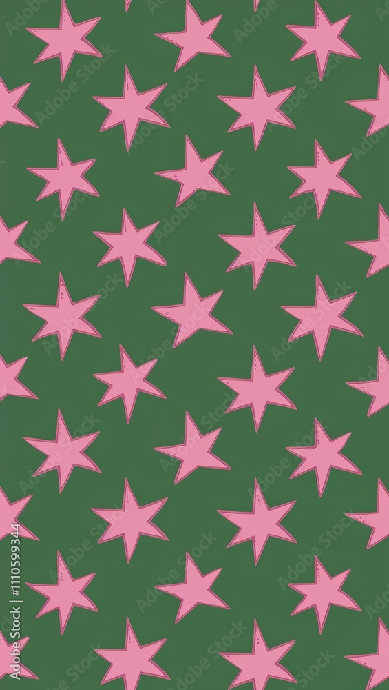 Pink Star pattern hand drawn design on Green background illustration Pink Star pattern hand drawn design on Green background illustration