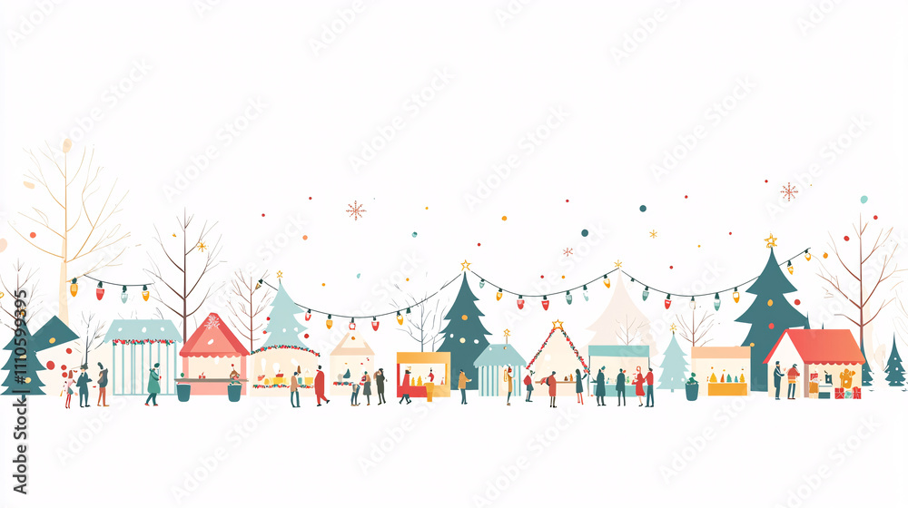 A clean vector depiction of a Christmas market, with small booths arranged neatly and decorated with elegant lights and garlands. People dressed in colorful winter clothing interact in the A clean vector depiction of a Christmas market, with small booths arranged neatly and decorated with elegant lights and garlands. People dressed in colorful winter clothing interact in the