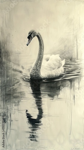 Fototapeta Naklejka Na Ścianę i Meble -  A captivating monochrome depicting a graceful swan gliding serenely across a calm reflective waterscape creating an atmospheric and evocative mood