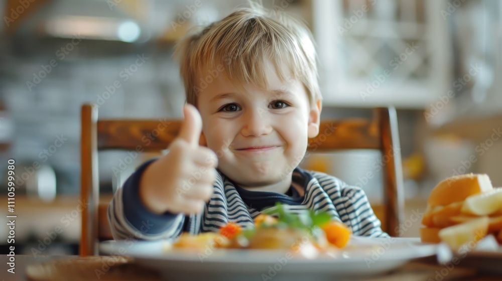 Delightful morning moment: young boy gives a thumbs-up at breakfast, his joyful face full of sunshine and satisfaction. Delightful morning moment: young boy gives a thumbs-up at breakfast, his joyful face full of sunshine and satisfaction.