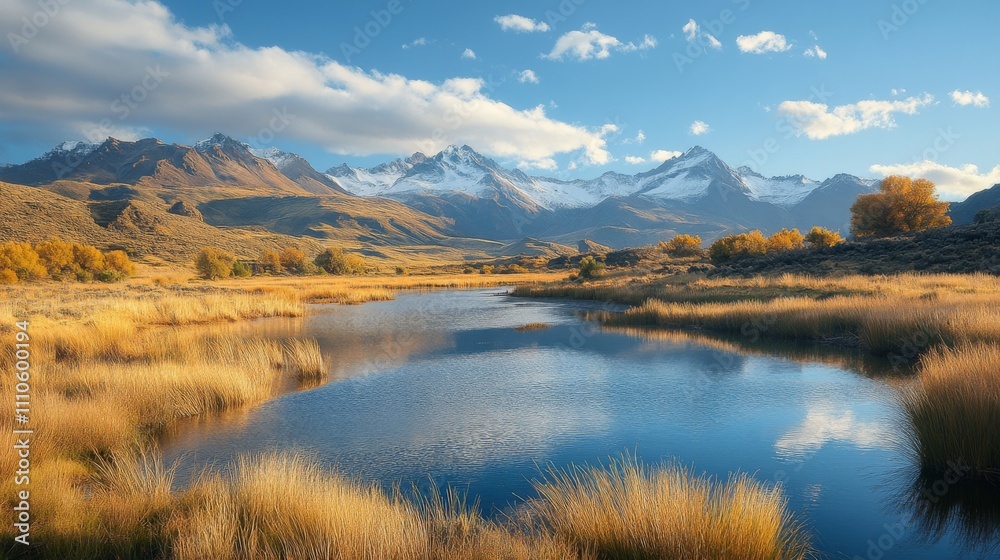 Autumnal River Scene With Snow Capped Mountains Autumnal River Scene With Snow Capped Mountains