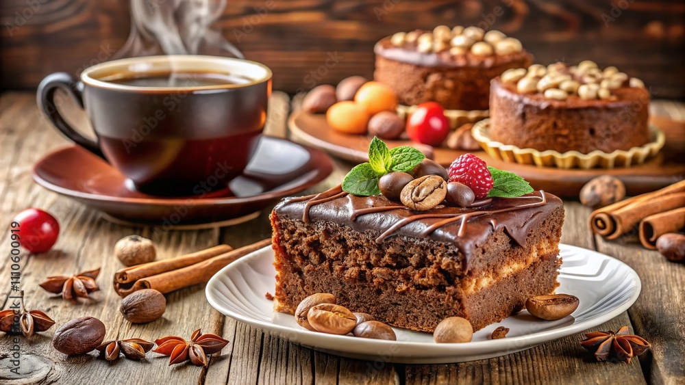 A Delicious Chocolate Nut Cake on a White Plate Surrounded by Assorted Pastries and a Cup of Coffee, Ideal for Breakfast or Dessert in a Cozy Café Setting