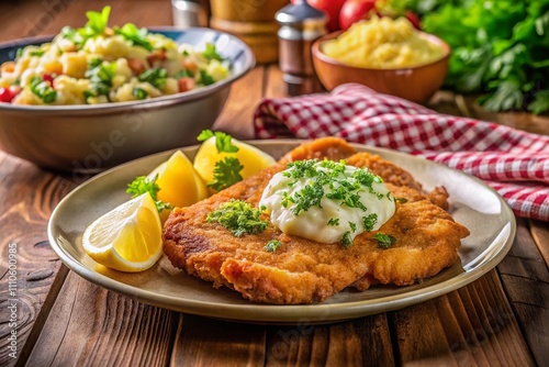 A Delicious Plate of Tender Pork Schnitzel Served with Fresh Potato Salad, Capturing the Essence of Traditional German Cuisine in a Warm and Inviting Setting