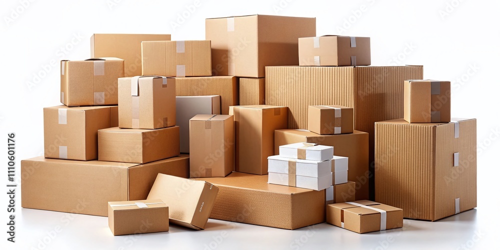 A Diverse Collection of Brown and White Cardboard Boxes Arranged on a Clean White Background, Perfect for Shipping, Storage, or Packing Visuals in a Panoramic View A Diverse Collection of Brown and White Cardboard Boxes Arranged on a Clean White Background, Perfect for Shipping, Storage, or Packing Visuals in a Panoramic View