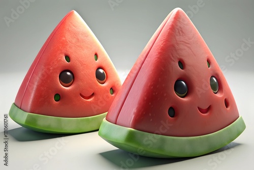 Adorable 3D cartoon watermelon slices with smiling faces