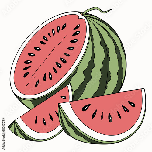 Watermelon Illustration with Slices on White Background