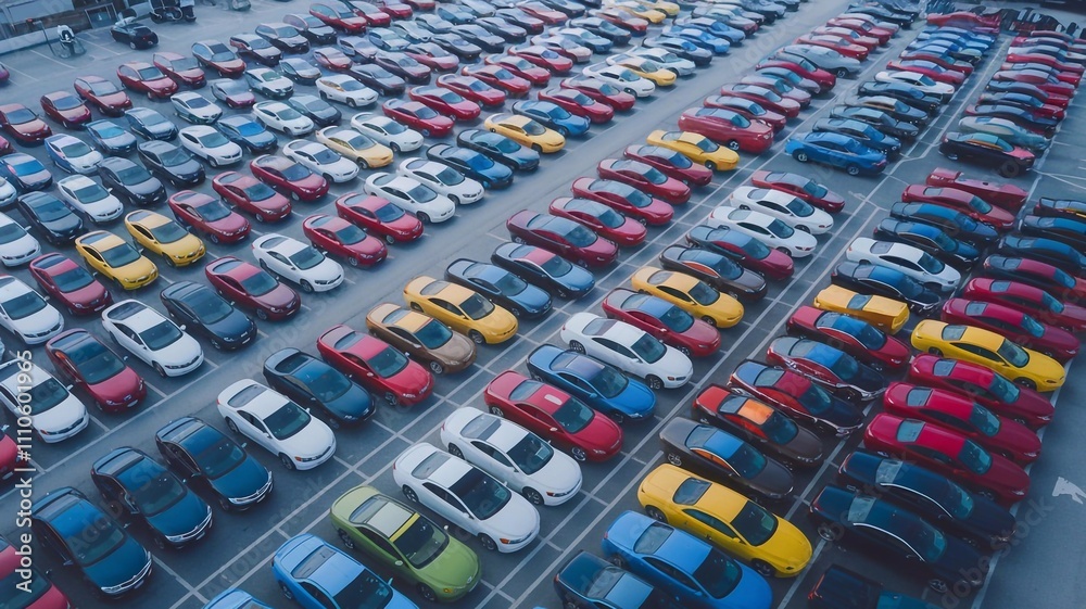 Fototapeta premium Aerial view of a vibrant parking lot with colorful cars lined up in neat rows, creating a visually striking pattern