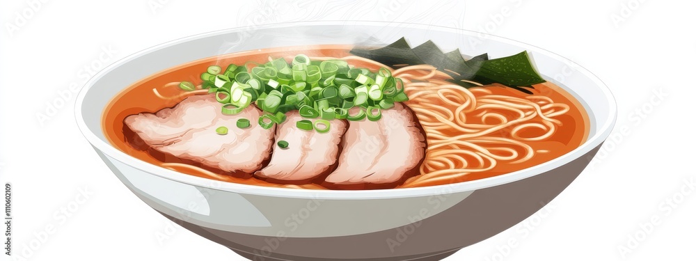 A steaming hot bowl of Japanese ramen with rich tonkotsu broth and tender chashu pork slices garnished with spring onions and nori, isolated white background, realistic art style A steaming hot bowl of Japanese ramen with rich tonkotsu broth and tender chashu pork slices garnished with spring onions and nori, isolated white background, realistic art style